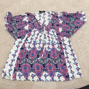 Suzanne Betro White Tunic with Pink, Blue & Green Paisley Pattern